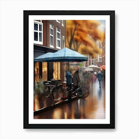 Amsterdam cafes, autumn season, rain, autumn oil colours.Faded colours,People passing on the street, winter clothes, rain umbrellas.8 1 Art Print