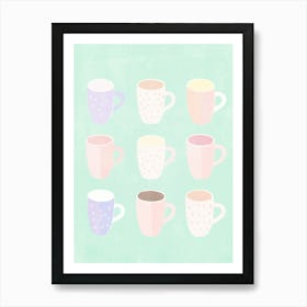 Kaffeeliebe im Pastell, Kaffeetassen in sanften Farb Tönen Art Print