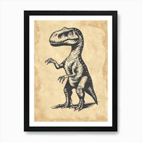 Velociraptor Dinosaur Black Ink & Sepia Illustration 1 Art Print