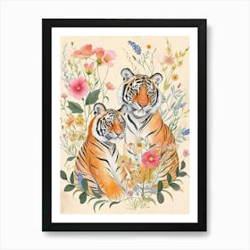 Folksy Floral Animal Drawing Tiger 10 Art Print