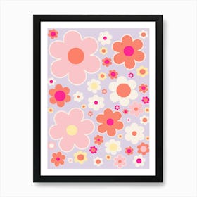 Retro Colorful Flowers Lavender Orange And Pink Art Print