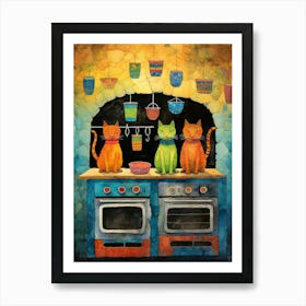 Three Cats In A Vintage Kitchen Art Print