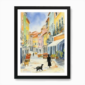 Food Market With Cats In Lisbon 2 Watercolour Art Print