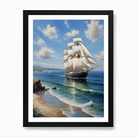 Sailing ship on the sea, oil painting 2 Art Print