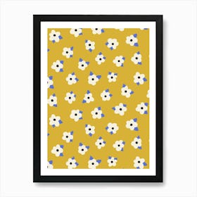 Soft Scattered Flowers and Leaves White, Black, Blue on Ochre Yellow Art Print