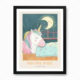 Pastel Storybook Style Unicorn Sleeping In A Duvet With The Moon 2 Poster Art Print