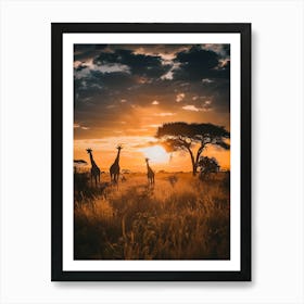 Sunset Giraffes Art Print