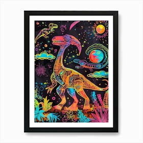 Colourful Dinosaur Neon Line Illustration 1 Art Print