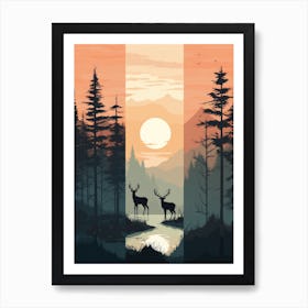 Deer In The Forest At Sunset 1 Art Print