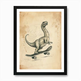 Vintage Brontosaurus Dinosaur On A Skateboard  2 Art Print