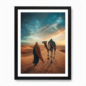 Camel And Woman In The Desert Art Print