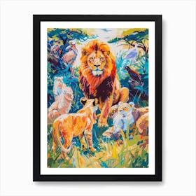 Masai Lion Interaction With Other Wildlife Fauvist Painting 3 Art Print