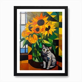 Sunflower With A Cat 4 Cubism Picasso Style Art Print