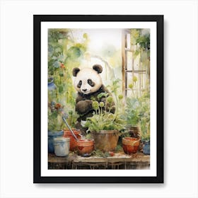 Panda Art Gardening Watercolour 2 Art Print