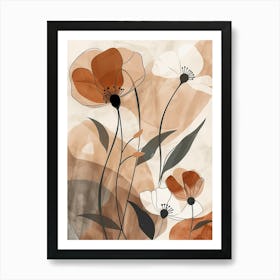 Flowers In Beige, Brown And White Tones, Using Simple Shapes In A Minimalist And Elegant 6 Art Print