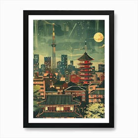 Kyoto Skyline At Night Mid Century Modern Art Print