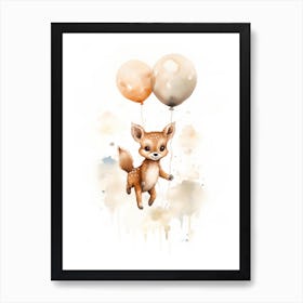 Baby Deer Flying With Ballons, Watercolour Nursery Art 2 Art Print