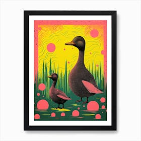 Linocut Inspired Ducks With The Cattails Art Print