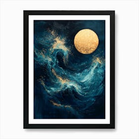 Golden Moon Over Abstract Waves – Expressionist Art In Blue And Gold Art Print