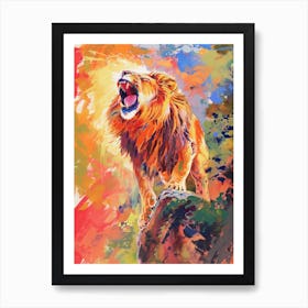 Asiatic Lion Roaring On A Cliff Fauvist Painting 2 Art Print