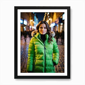 Woman in down jacket, walking in luminous city at night 2 Art Print