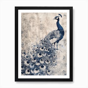 Peacock Rustic Linocut Inspired Art Print