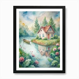 Watercolor House On The Lake Art Print