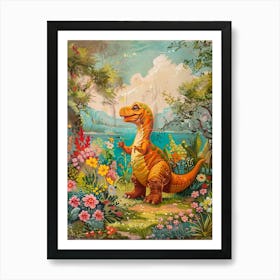 Dinosaur In A Floral Meadow Vintage Storybook Painting 1 Art Print