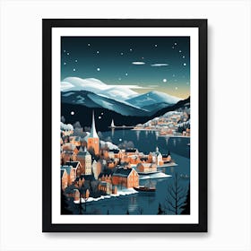 Winter Travel Night Illustration Bergen Norway 1 Art Print
