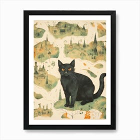 Black Cat On A Medieval Map Art Print