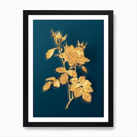 Vintage Autumn Damask Rose Botanical in Gold on Teal Blue n.0194 Art Print