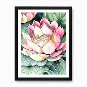 Lotus Flower Repeat Pattern Watercolour Ink Pencil 1 Art Print