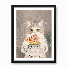 Happy Grey And White Cat Pizza Lover Folk Illustration 2 Art Print