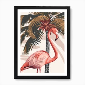 American Flamingo And Coconut Trees Minimalist Illustration 4 Art Print