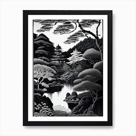 Kenrokuen, 1, Japan Linocut Black And White Vintage Art Print