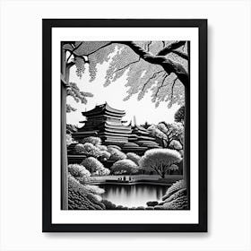 Osaka Castle Park, Japan Linocut Black And White Vintage Art Print