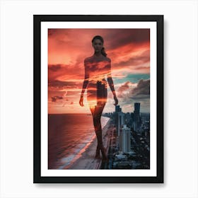 Sunset Woman On The Beach Art Print