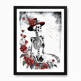 Floral Skeleton With Hat Ink Painting (18) Art Print
