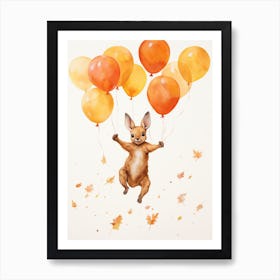 Kangaroo Flying With Autumn Fall Pumpkins And Balloons Watercolour Nursery 1 Art Print