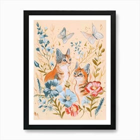 Folksy Floral Animal Drawing Cat 3 Art Print