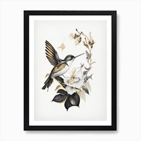 Hummingbird Surrounded By Flowers Vintage Gold & Black Art Print