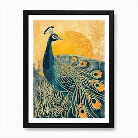 Blue Mustard Peacock In The Wild At Sunset Art Print