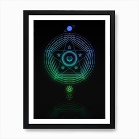 Neon Blue and Green Abstract Geometric Glyph on Black n.0053 Art Print