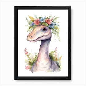 Brachiosaurus With A Crown Of Flowers Cute Dinosaur Watercolour 1 Art Print