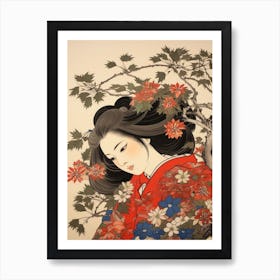 Omurasaki Japanese Aster Vintage Japanese Botanical And Geisha Art Print