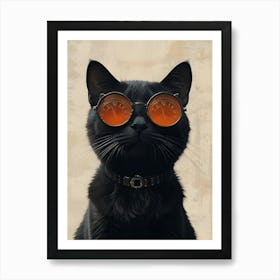 A striking illustration of a black cat wearing stylish round sunglasses with orange-tinted lenses that feature clock faces, exuding a confident and playful demeanor. Art Print