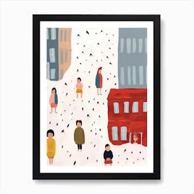 London Red Bus Scene, Tiny People And Illustration 8 Art Print