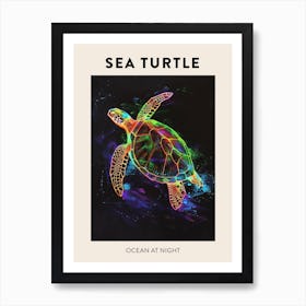Midnight Neon Sea Turtle In The Ocean 1 Art Print