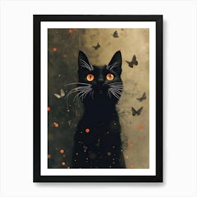 Black Cat With Butterflies Art Print