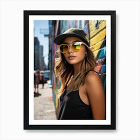 Stylish Girl Wearing A Cap Yellow Sunglasses Posed Casually Against A Graffiti Covered Wall Sunli Art Print